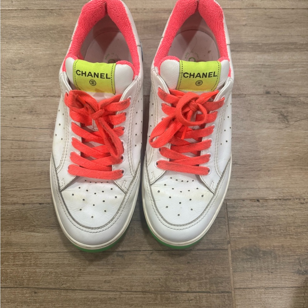 Chanel 20p White Multicolor Neon Cc Logo Flat Lace Up Runner Trainer